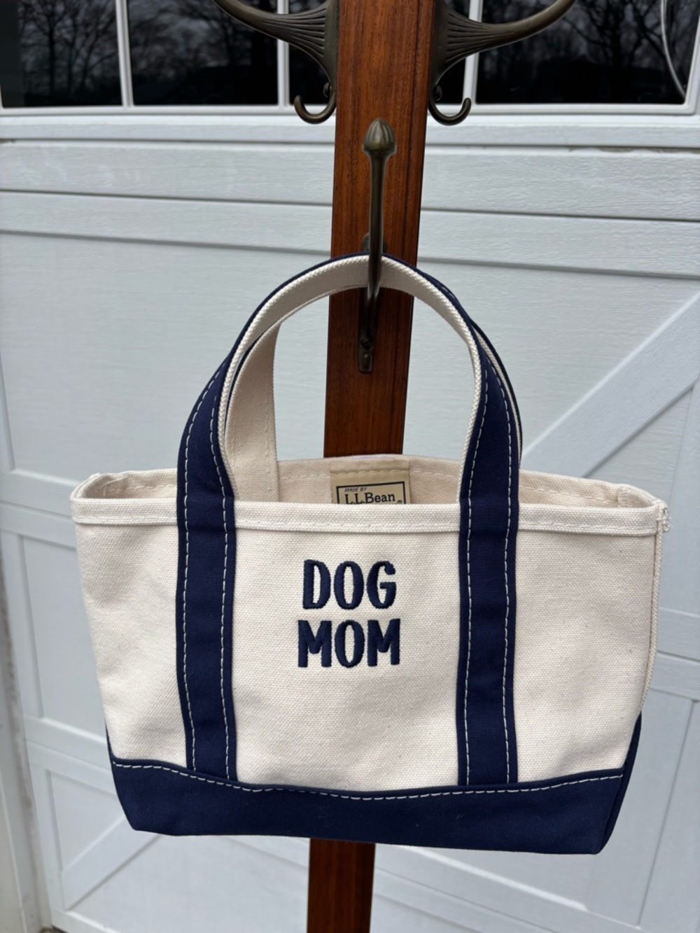 LL Bean Bag Canvas Bote & Tote Crinkle Navy Blue Embroidered “Dog Mom” USA Made